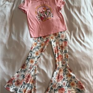 Girls Peach Graphic Tee and Floral Bell Bottom Pants Set